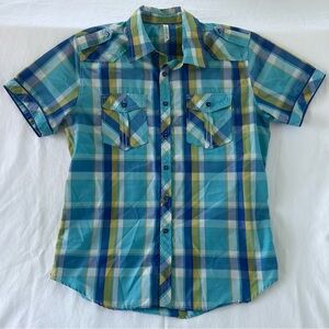 True Rock Mens short sleeve blue/yellow button up plaid shirt, size Large